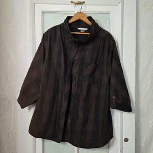 Peter Nygard Black Brown Striped Button Down Shirt Tunic Top Plus 16